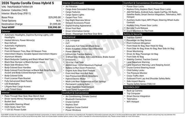 2026 Toyota COROLLA CROSS HV Hybrid S