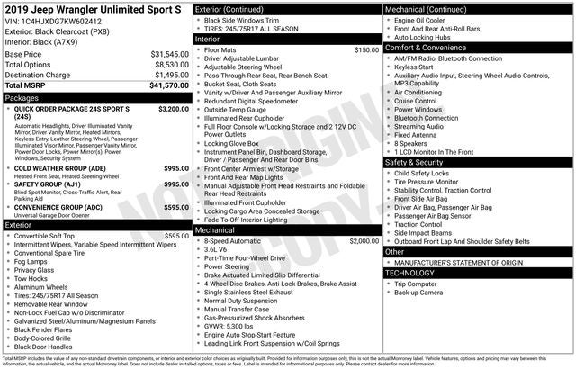 2019 Jeep Wrangler Unlimited Sport S